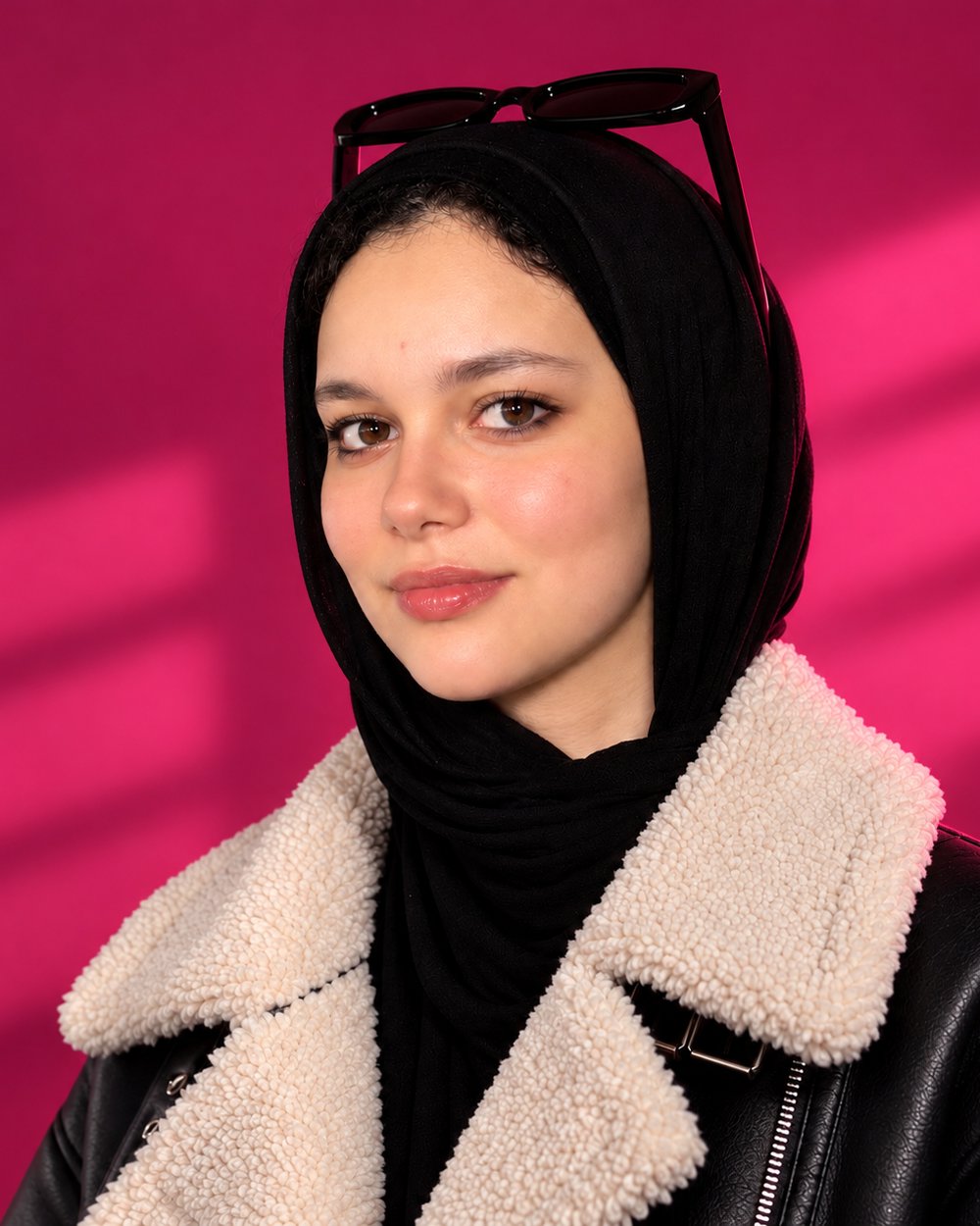 Portrait of Nuran Elsalamony in a black headscarf and shearling-collared leather jacket against a magenta wall